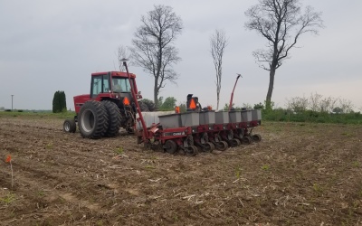 no-till corn planter dropping down in a marked plot to begin planting corn seeds for research purposes